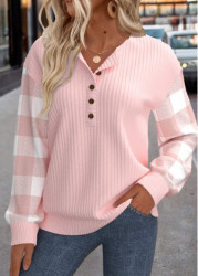 Modlily Light Pink Patchwork Plaid Long Sleeve Sweatshirt - S