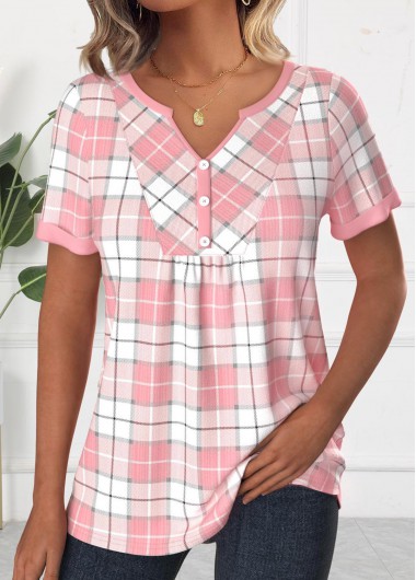 Modlily Light Pink Patchwork Plaid Short Sleeve T Shirt - S