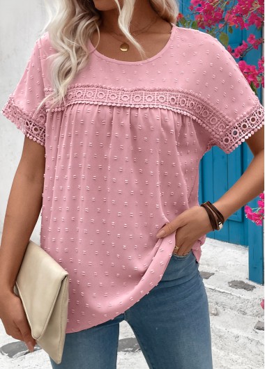 Modlily Light Pink Patchwork Short Sleeve Round Neck T Shirt - S