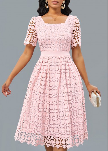 Modlily Light Pink Patchwork Short Sleeve Square Neck Dress - XL