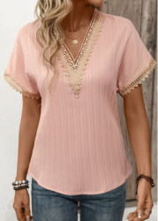 Modlily Light Pink Patchwork Short Sleeve V Neck T Shirt - S