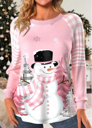 Modlily Light Pink Patchwork Snowman Print Long Sleeve Sweatshirt - XXL