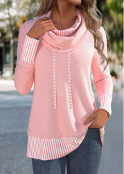 Modlily Light Pink Patchwork Striped Long Sleeve Cowl Neck Sweatshirt - S