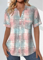 Modlily Light Pink Pocket Plaid Short Sleeve Shirt Collar Blouse - S