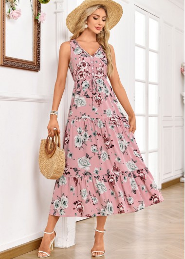 Modlily Light Pink Ruched Floral Print Sleeveless V Neck Dress - M