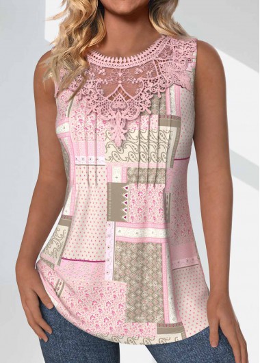 Modlily Light Pink Tuck Stitch Patchwork Sleeveless Tank Top - S