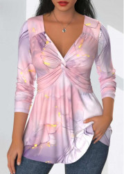 Modlily Light Pink Twist Marble Print Long Sleeve T Shirt - S