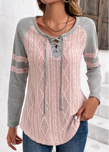 Modlily Light Pink Twisted Long Sleeve T Shirt - L