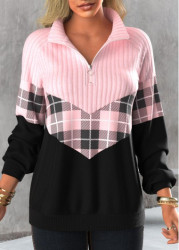 Modlily Light Pink Zipper Tartan Print Long Sleeve Sweatshirt - M