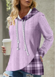 Modlily Light Purple Asymmetric Hem Tartan Print Hoodie - S