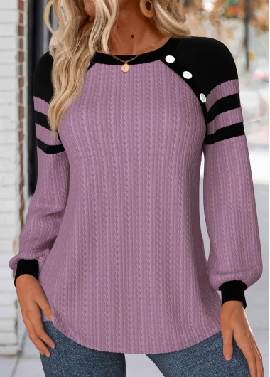 Modlily Light Purple Button Long Sleeve Round Neck Sweatshirt - M