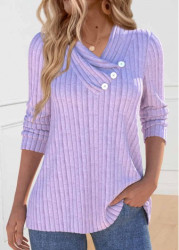 Modlily Light Purple Button Long Sleeve V Neck Sweatshirt - S