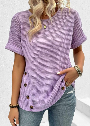 Modlily Light Purple Button Short Sleeve Round Neck T Shirt - S