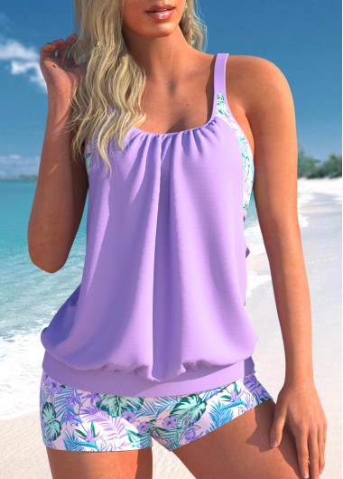 Modlily Light Purple Cutout Fold Tankini Set - S