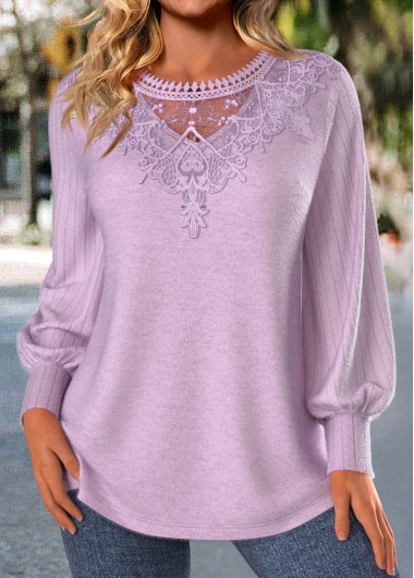 Modlily Light Purple Embroidery Long Sleeve Round Neck T Shirt - S