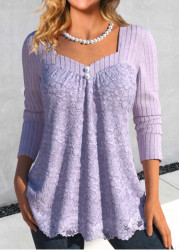 Modlily Light Purple Lace Long Sleeve Heart Collar T Shirt - S