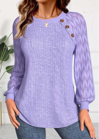 Modlily Light Purple Lace Long Sleeve Round Neck Sweatshirt - S