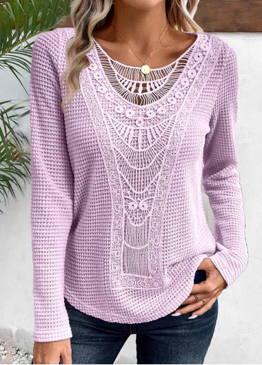 Modlily Light Purple Lace Long Sleeve Round Neck T Shirt - M