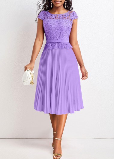 Modlily Light Purple Lace Short Sleeve Round Neck Dress - S