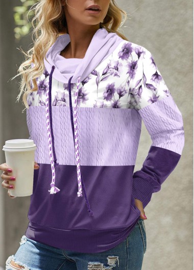 Modlily Light Purple Patchwork Floral Print Long Sleeve Sweatshirt - S