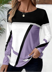 Modlily Light Purple Patchwork Geometric Print Long Sleeve T Shirt - S