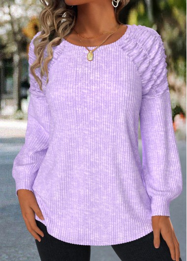 Modlily Light Purple Patchwork Long Sleeve Round Neck T Shirt - S