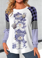 Modlily Light Purple Patchwork Snowman Print Long Sleeve T Shirt - XXL