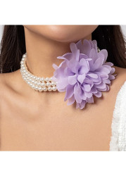 Modlily Light Purple Pearl Floral Design Necklace - One Size