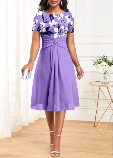 Modlily Light Purple Ruched Floral Print Short Sleeve Dress - XXL