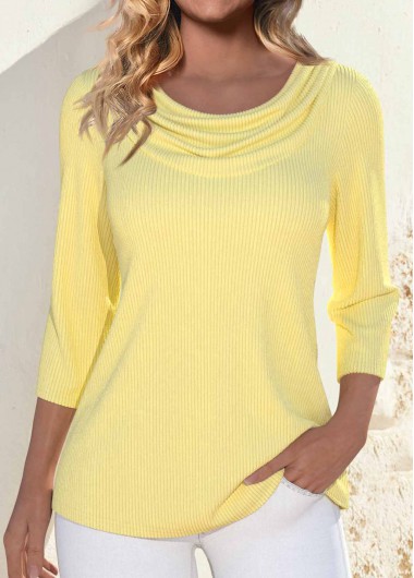 Modlily Light Yellow 3/4 Sleeve Draped Neck T Shirt - S