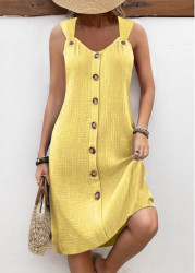 Modlily Light Yellow Breathable A Line Sleeveless V Neck Dress - S