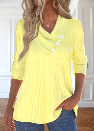 Modlily Light Yellow Button Long Sleeve V Neck T Shirt - M