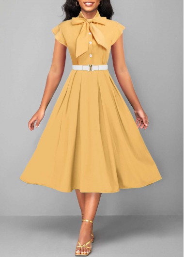 Modlily Light Yellow Button Short Sleeve Tie Collar Dress - M