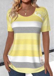 Modlily Light Yellow Button Striped Short Sleeve T Shirt - S