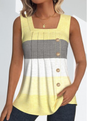 Modlily Light Yellow Button Striped Sleeveless Square Neck Tank Top - S