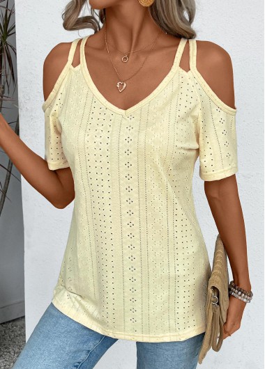 Modlily Light Yellow Cut Out Short Sleeve T Shirt - S