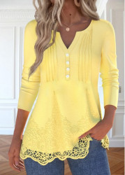 Modlily Light Yellow Embroidery Long Sleeve Split Neck T Shirt - S