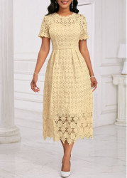 Modlily Light Yellow Embroidery Short Sleeve Round Neck Dress - XXL