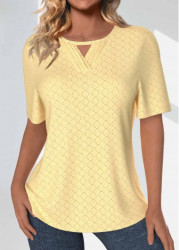 Modlily Light Yellow Jacquard Short Sleeve Round Neck T Shirt - S