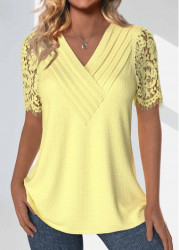 Modlily Light Yellow Lace Short Sleeve V Neck T Shirt - S