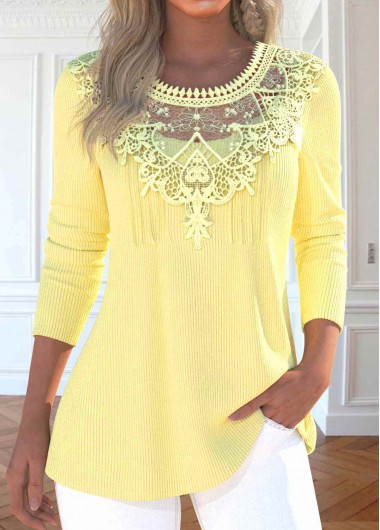 Modlily Light Yellow Patchwork Long Sleeve Round Neck T Shirt - S