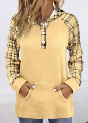 Modlily Light Yellow Patchwork Plaid Long Sleeve Hoodie - L