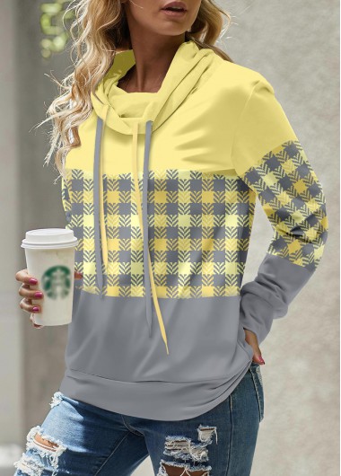 Modlily Light Yellow Patchwork Plaid Long Sleeve Sweatshirt - S