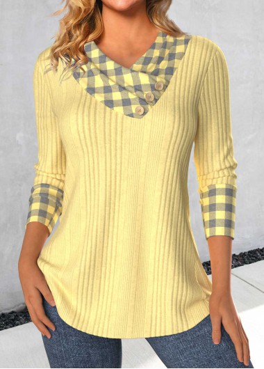 Modlily Light Yellow Patchwork Plaid Long Sleeve T Shirt - M