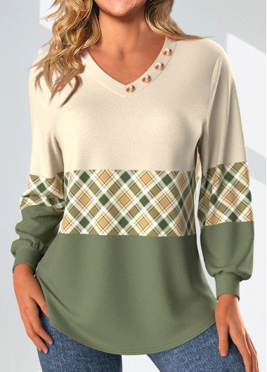 Modlily Light Yellow Patchwork Plaid Long Sleeve V Neck Sweatshirt - S