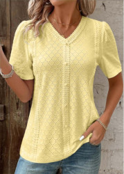 Modlily Light Yellow Patchwork Short Sleeve V Neck T Shirt - S