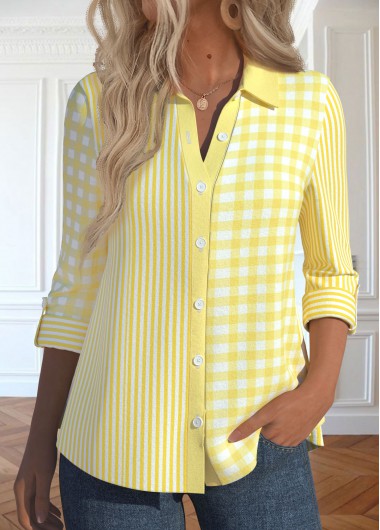 Modlily Light Yellow Patchwork Striped Long Sleeve Shirt - S