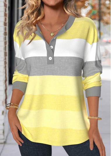 Modlily Light Yellow Patchwork Striped Long Sleeve Split Neck Sweatshirt - S