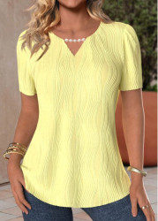 Modlily Light Yellow Pearl Short Sleeve Round Neck T Shirt - S