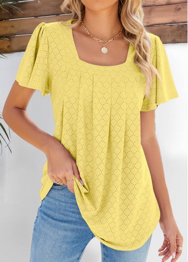 Modlily Light Yellow Pleated Short Sleeve Square Neck Blouse - M